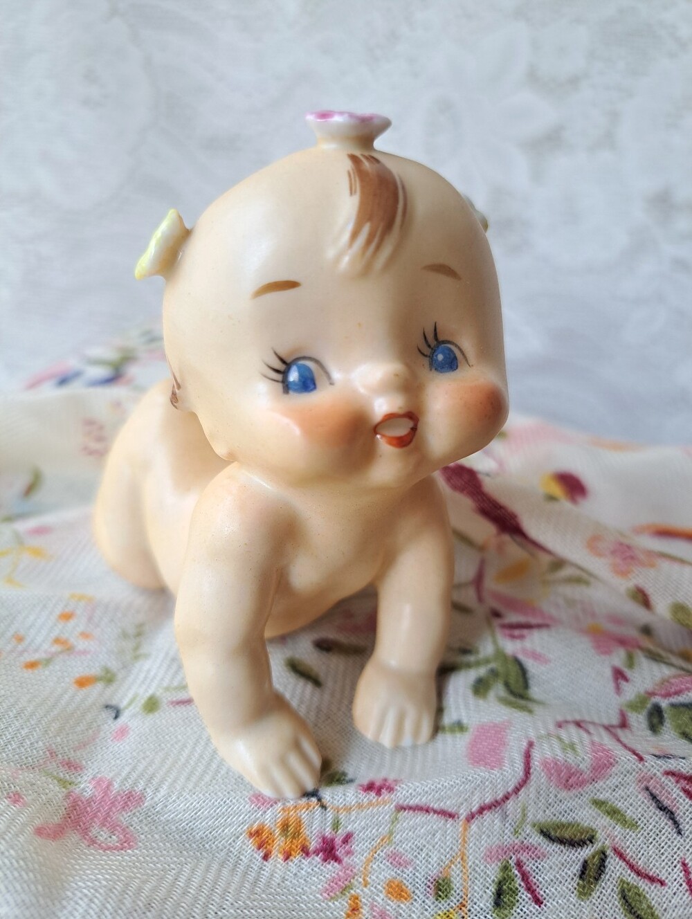 Vintage Nippon Japan Porcelain Kewpie Doll Blue Eyed Crawling Piano Baby Kitsch